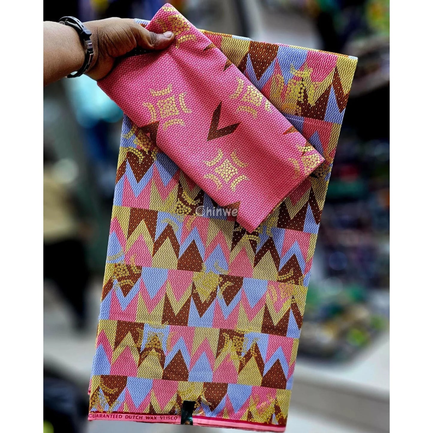 Pink Brown & Blue Kente Brocade with Adinkra Motif and Chevron Stripe Pattern in Gold Shimmer Blush Clay Kente / 6yards