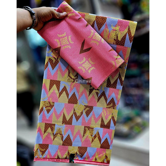 Pink Brown & Blue Kente Brocade with Adinkra Motif and Chevron Stripe Pattern in Gold Shimmer Blush Clay Kente / 6yards