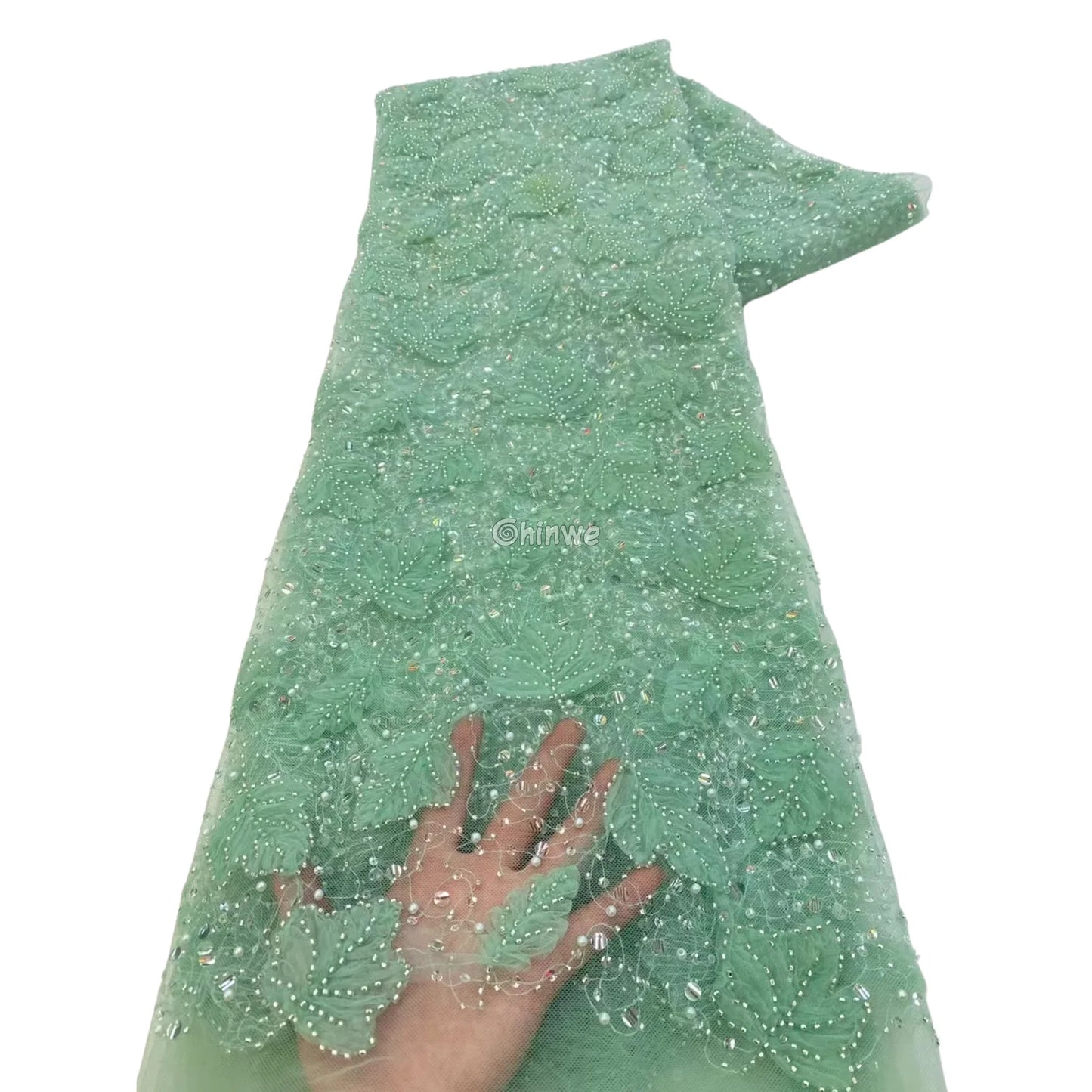 Beaded 3D Leaf Lace with Iridescent Accents on Soft Mesh for Luxury Garment Crafting Mint green with clear beads / 5