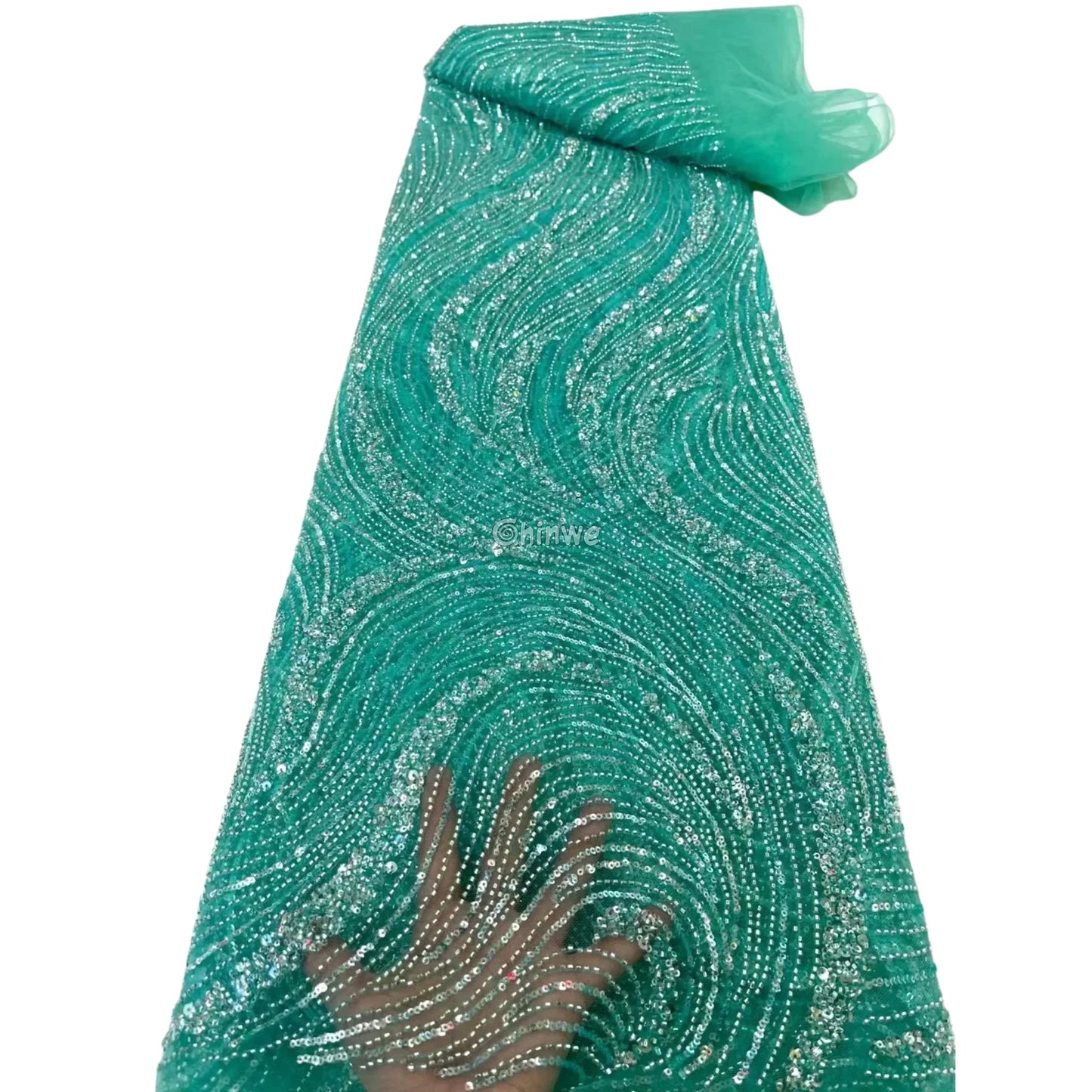 Sequined Swirl Embroidery on Sheer Mesh with Iridescent Highlights and Wave Pattern Detailing Emerald Green / 5 Yards
