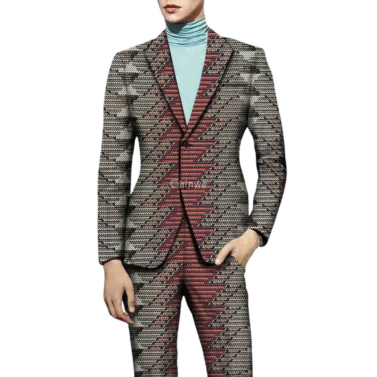 Two Piece Slim Fit African Wax Suit Custom Tailored Blazer & Trousers Set Men’s Clothing