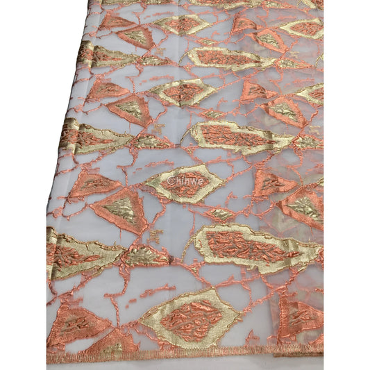 Jacquard Brocade Lace with Abstract Shard Motif and Lustrous Metallic Sheen for Couture Crafts Lace