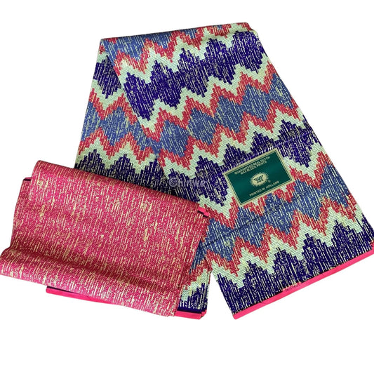 Red, Navy & Cream Kente Brocade with Chevron Stripe Motif and Gold Textured Detailing