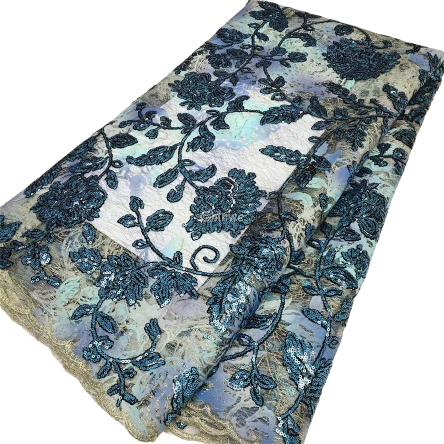 Sequined Floral Vine Embroidered Lace with Sheer Textured Base and Shimmer Finish Lace