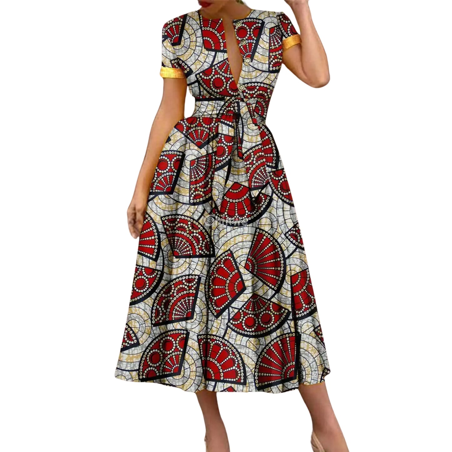 Ada Midi Belted Ankara Dress Jewel Earth Ruby Mosaic Bloom / Customized Women’s Clothing