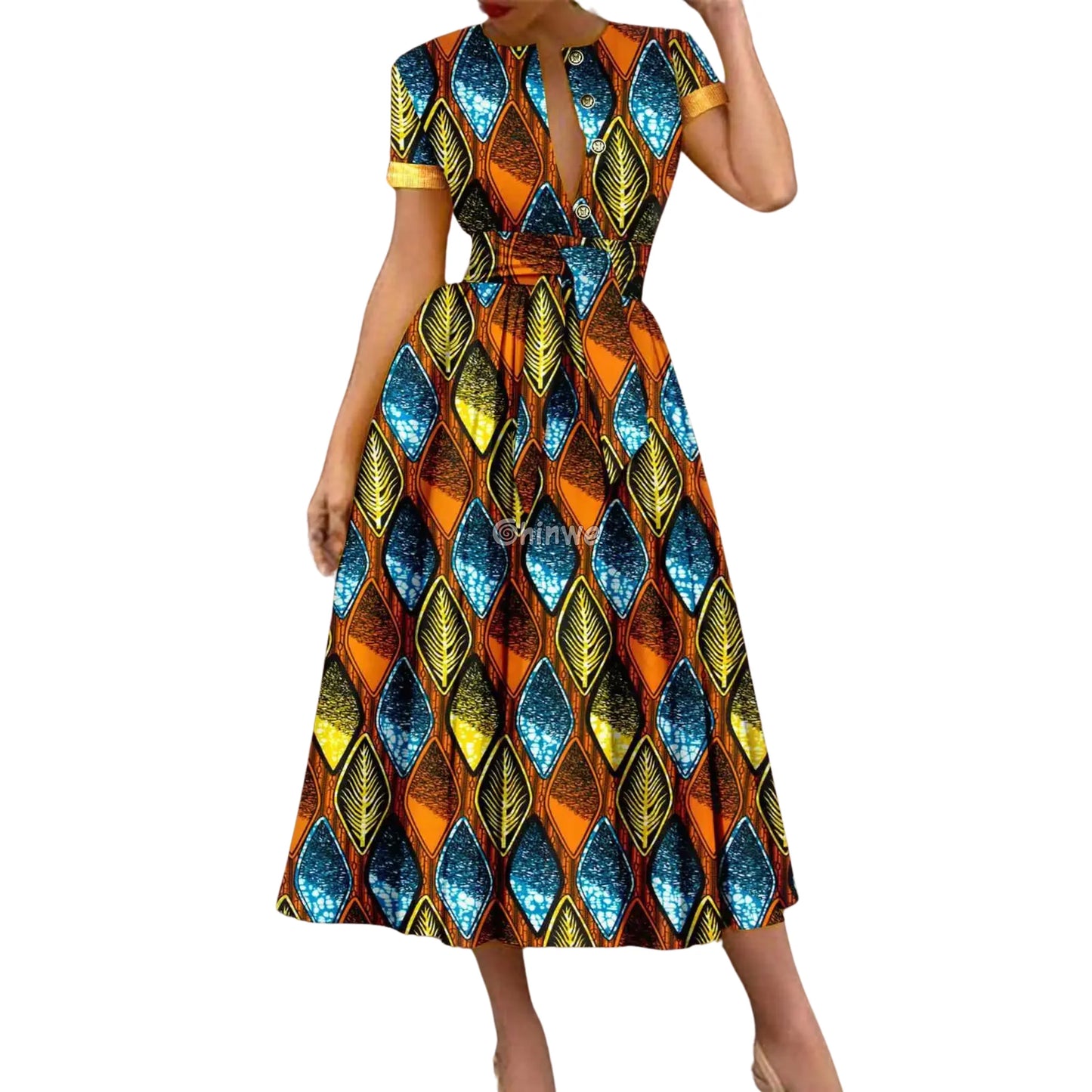 Ada Midi Belted Ankara Dress Jewel Earth Sunburst Petal Flame / Customized Women’s Clothing