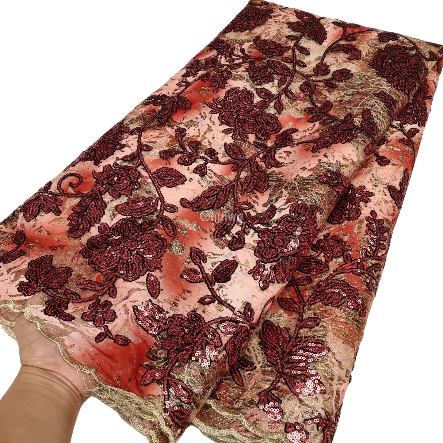 Sequined Floral Vine Embroidered Lace with Sheer Textured Base and Shimmer Finish Lace