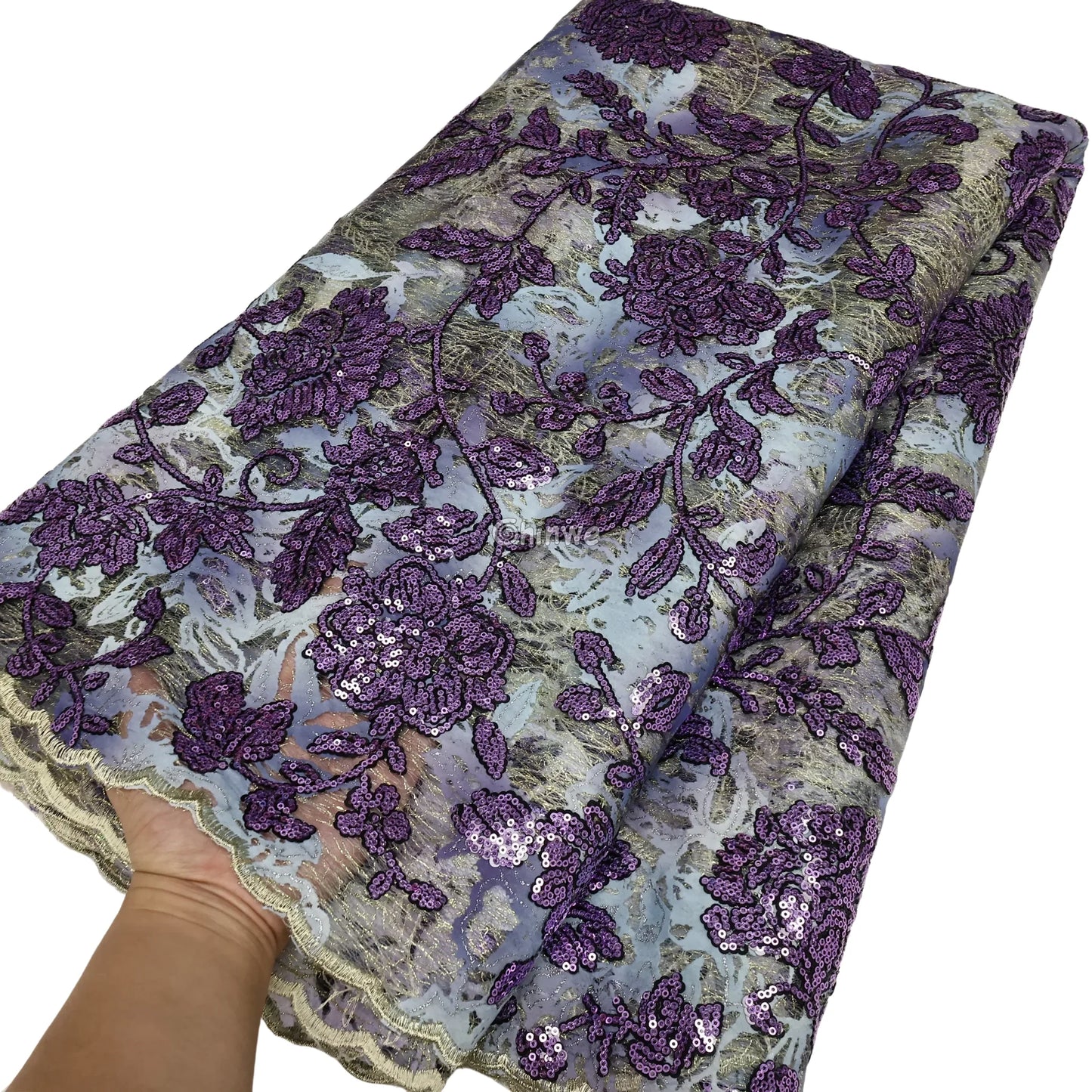 Sequined Floral Vine Embroidered Lace with Sheer Textured Base and Shimmer Finish Lace