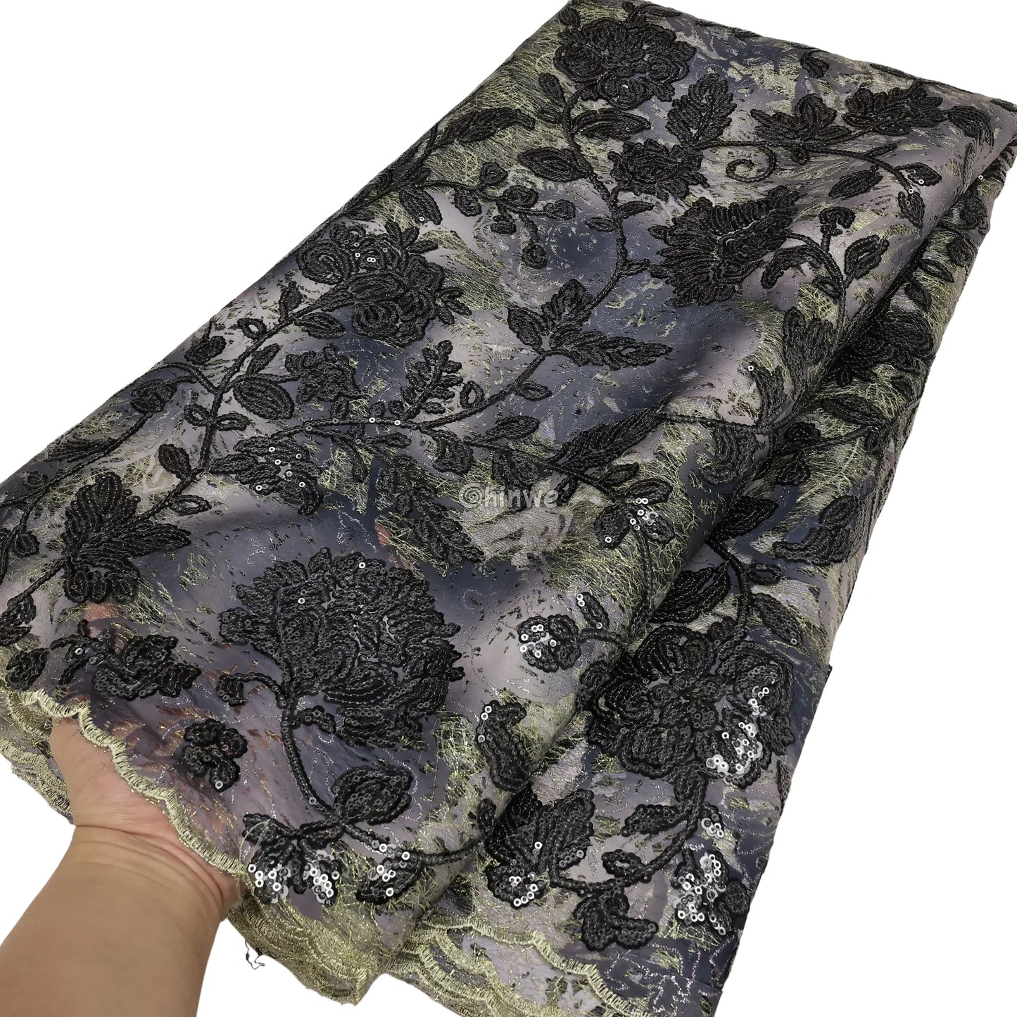 Sequined Floral Vine Embroidered Lace with Sheer Textured Base and Shimmer Finish Lace