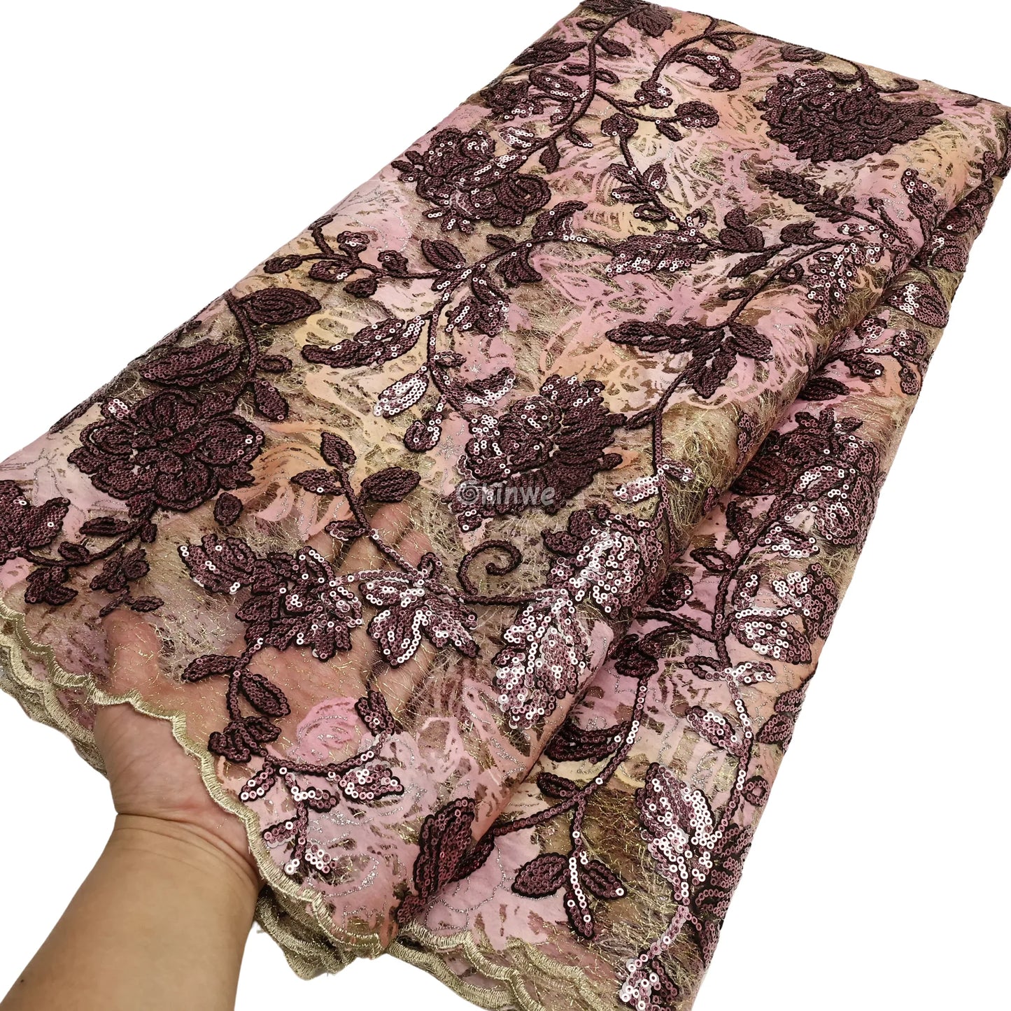 Sequined Floral Vine Embroidered Lace with Sheer Textured Base and Shimmer Finish Lace