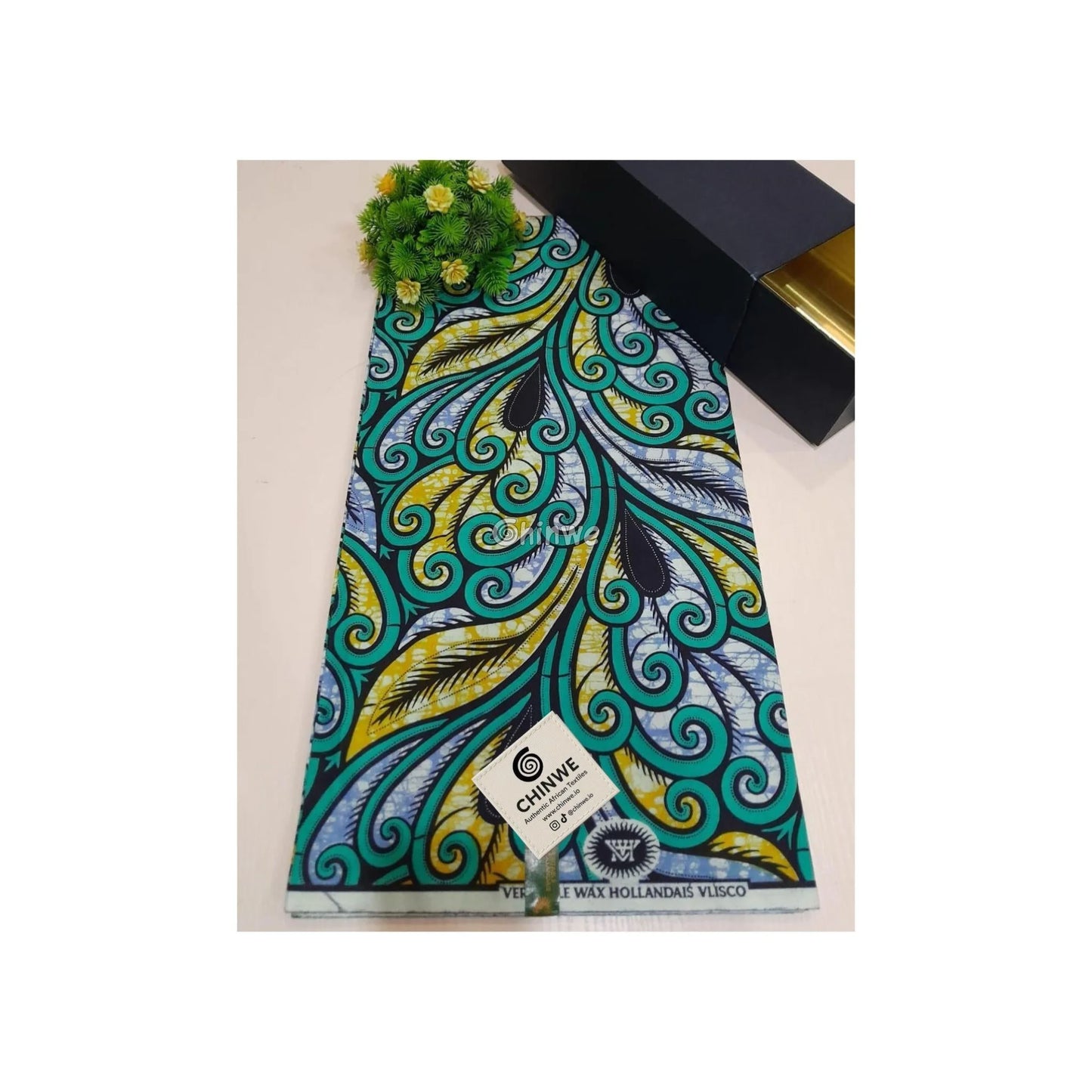 Teal and Yellow Scroll Leaf Motif on Blue Batik Print with Curved Lines & Feathered Accents Wax Cloth