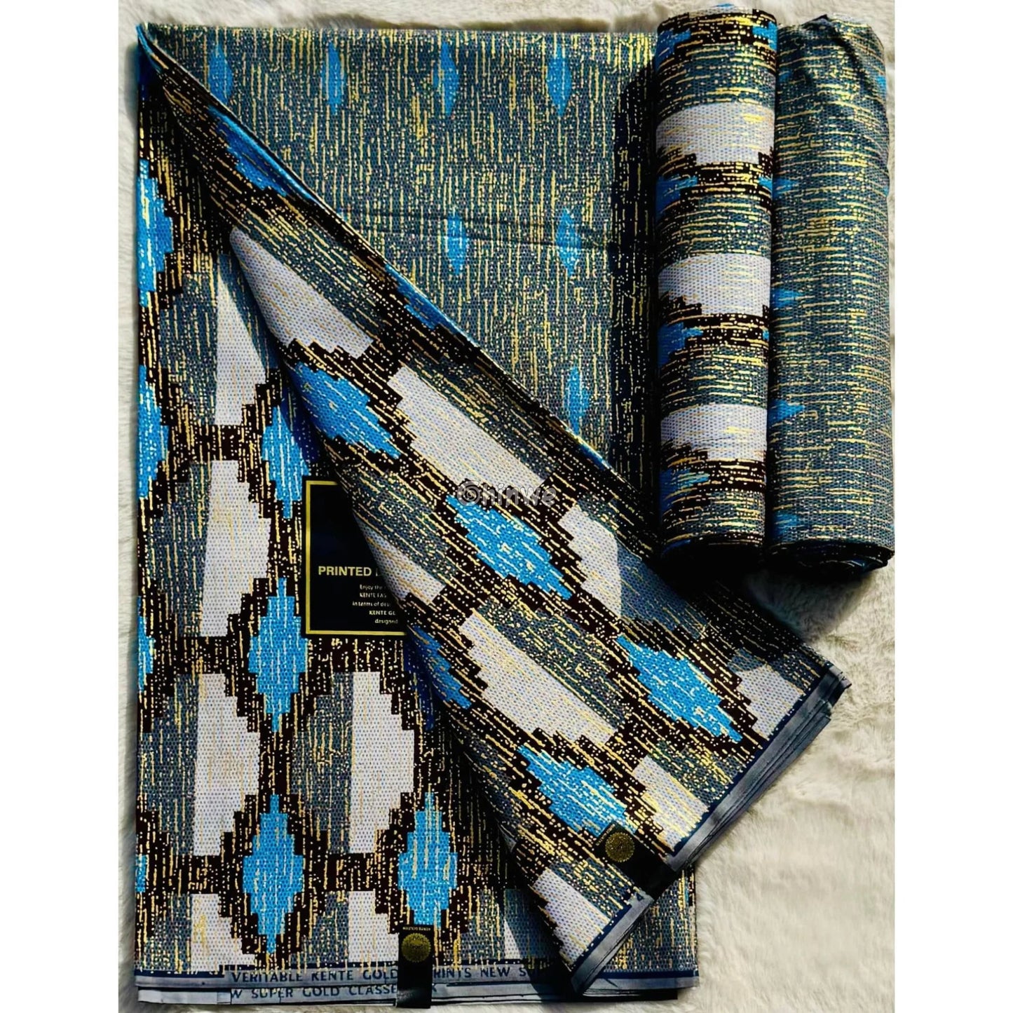 Silver Blue & Black Kente Brocade with Interlocking Diamond Motif and Metallic Accents Azure Chain Kente / 6yards