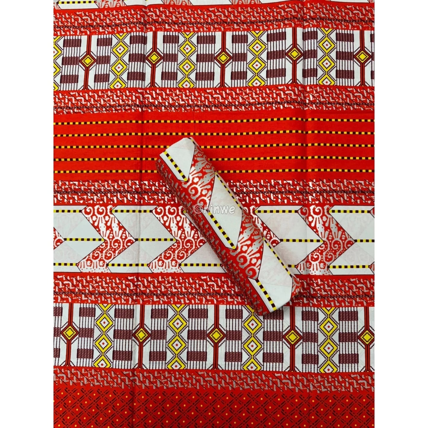 Red White & Gold Kente Brocade with Geometric Motifs Arrow Panels & Metallic Detailing Royal Cipher Kente / 6yards