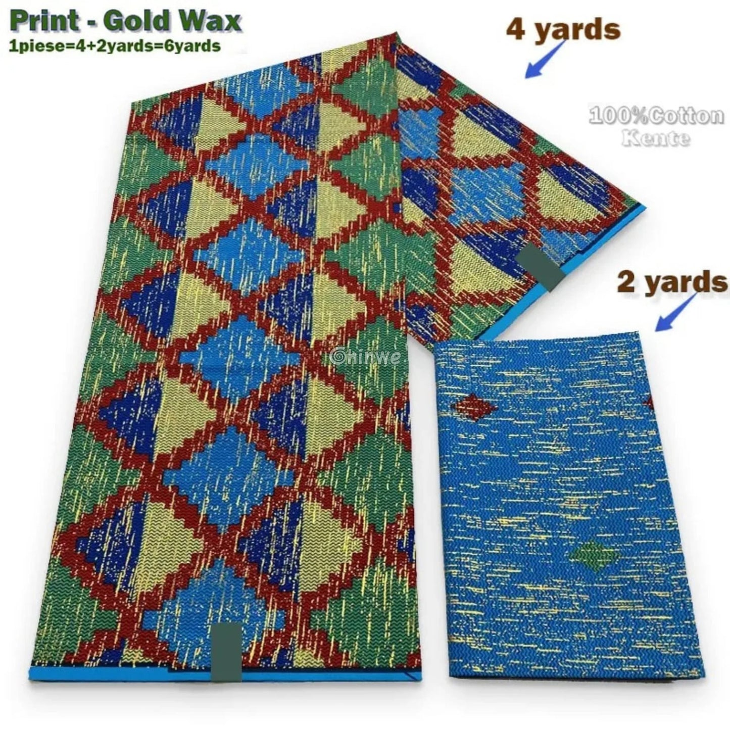 Blue Green & Red Kente Brocade with Diamond Grid Motif and Gold Metallic Threading Sapphire Grids Kente / 6yards
