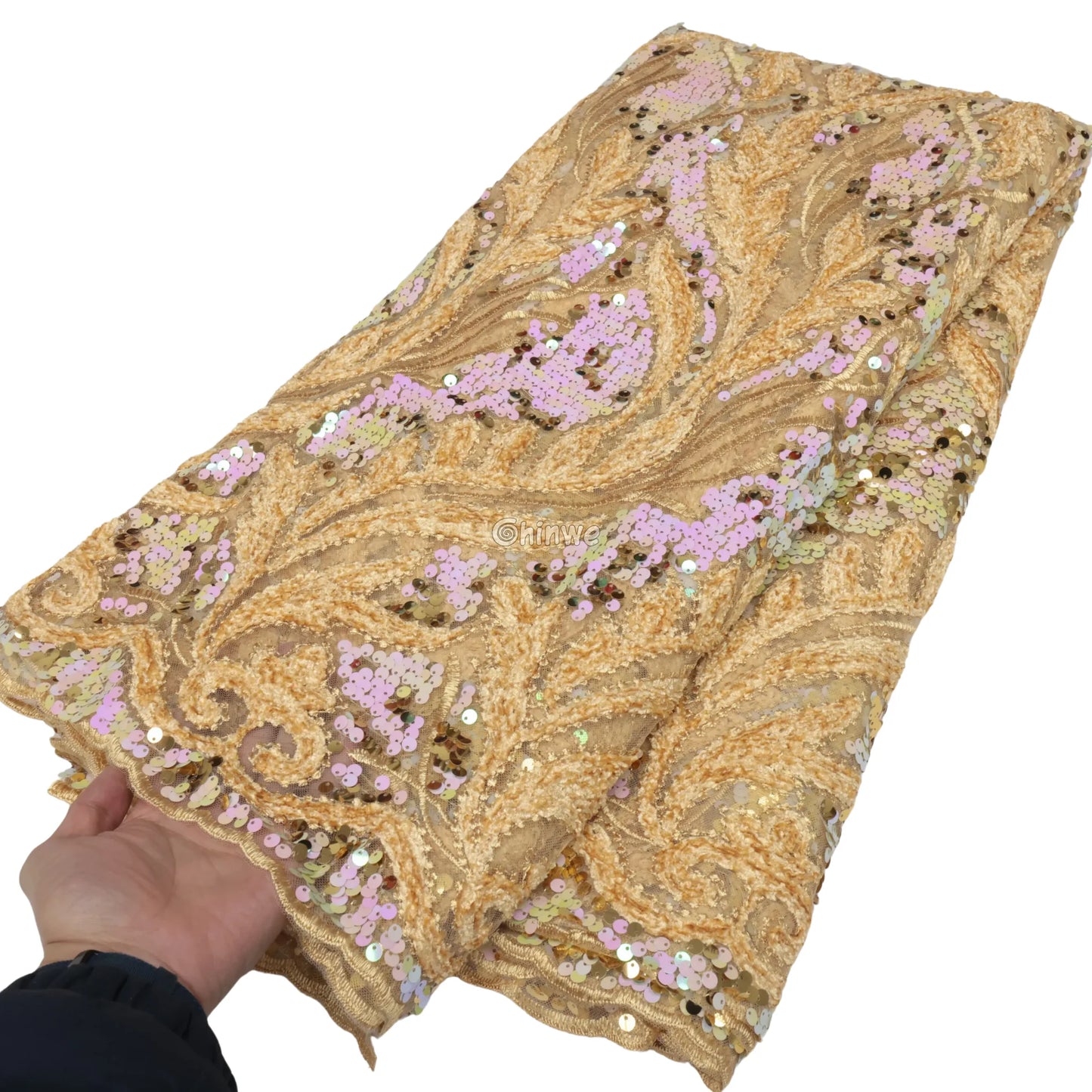 Sapphire Blue Champagne Gold & Emerald Green Swirl Appliqué Sequined Mesh Print Fabric Lace