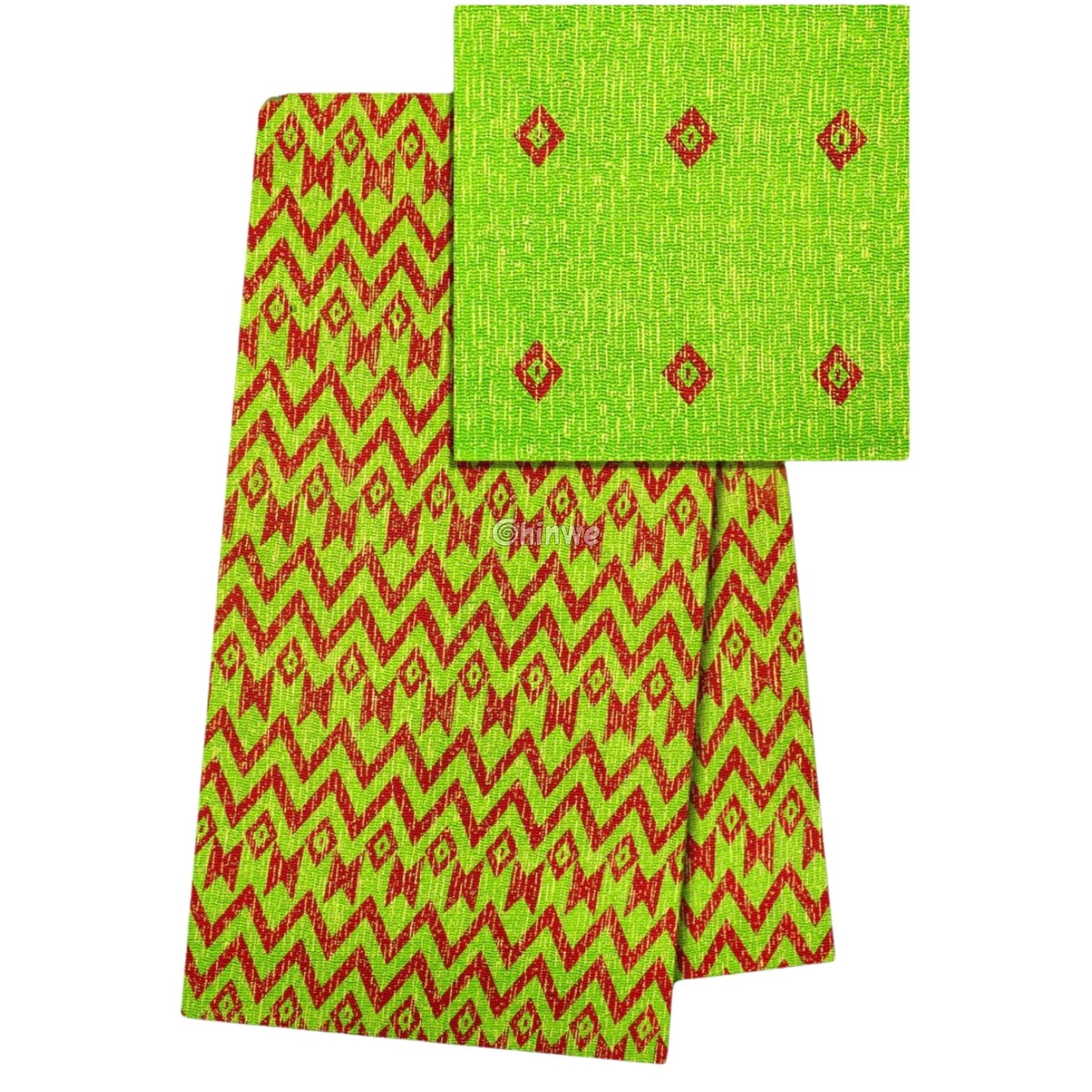 Lime Green & Red Kente Brocade with Zigzag Chevron Motif and Metallic Thread Highlights Lime Ember Kente / 6yards