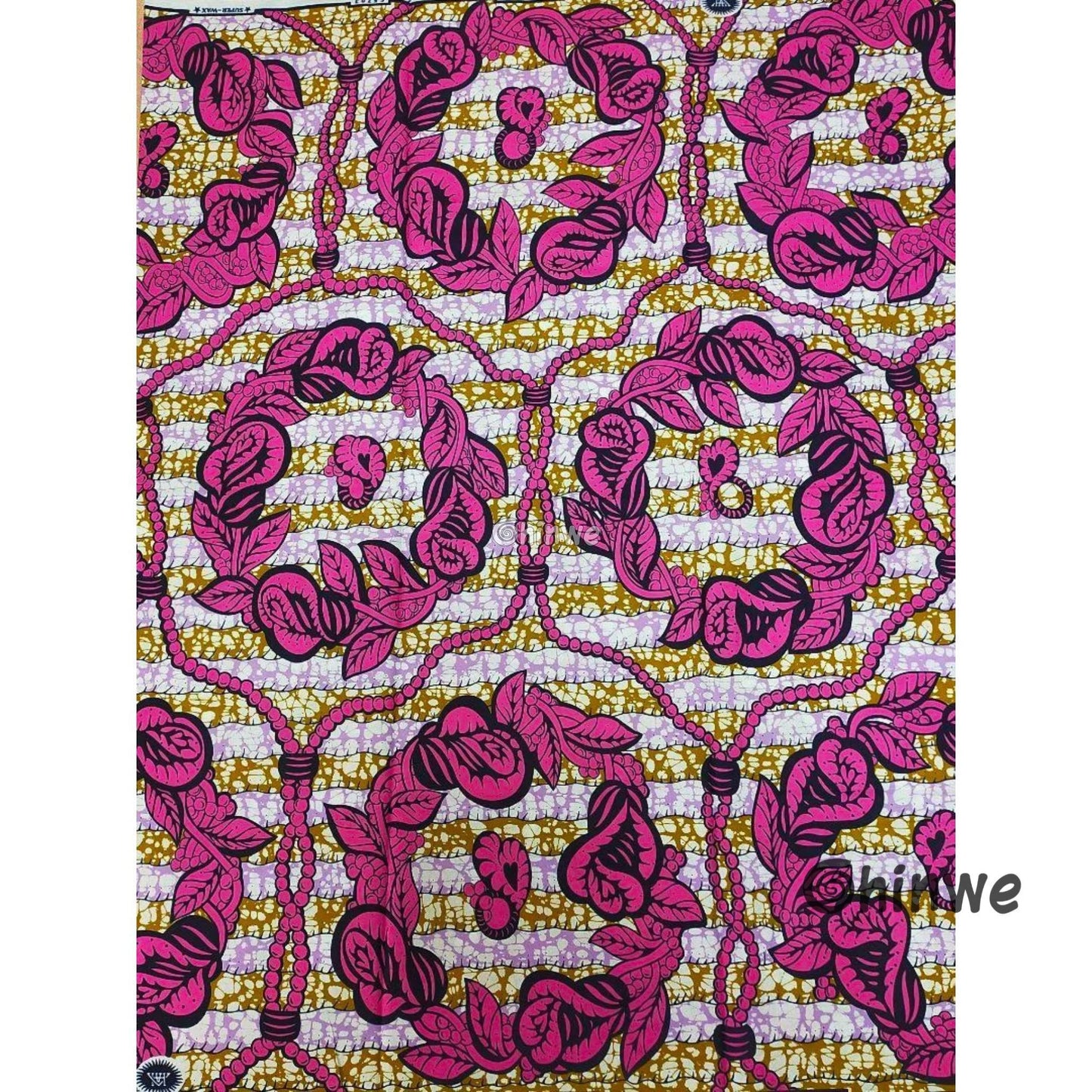 Magenta Vine & Leaf Print on Lilac and Gold Batik Texture with Beaded Motif Accents, African Wax Cloth