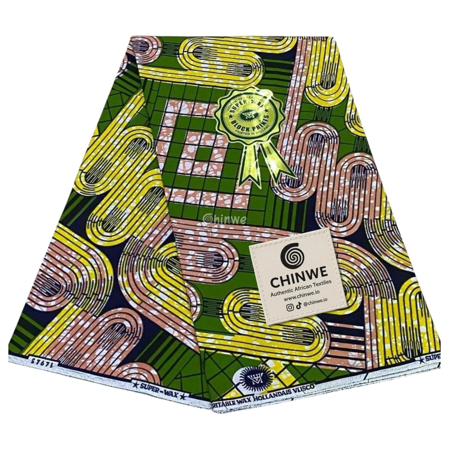 African Wax Print with Olive Green Grid, Mustard Loops, and Taupe Batik Interlocking Path Motif