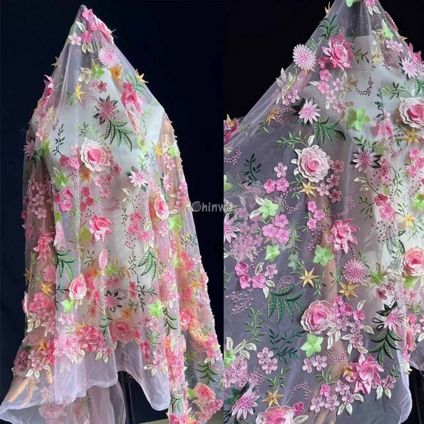 3D Floral Appliqué Lace on Sheer Mesh Raised Embroidered Flowers and Leaves Lace