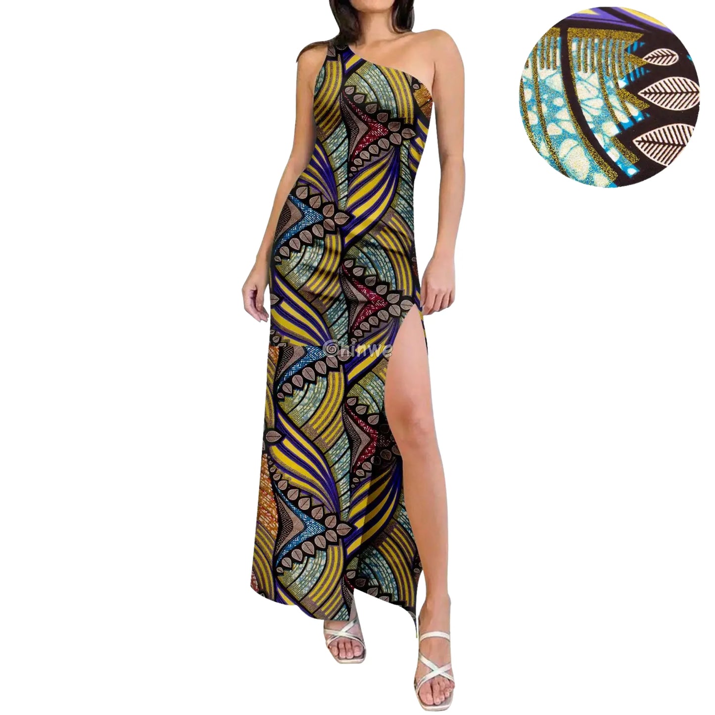 One-Shoulder High-Slit Maxi Dress in Ankara Print with Slim Fit Slash Neckline & Sleeveless Cut Women’s Clothing
