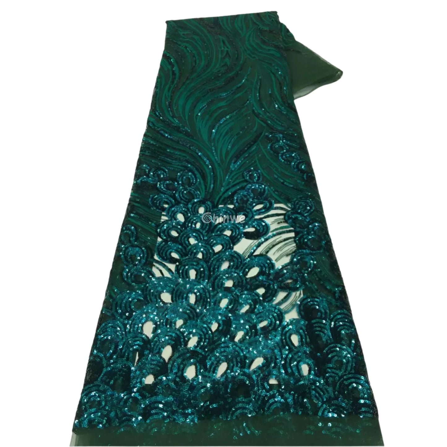 Emerald Green & Sky Blue Swirl-Vine & Wave Sequined Lace Mesh Fabric Lace