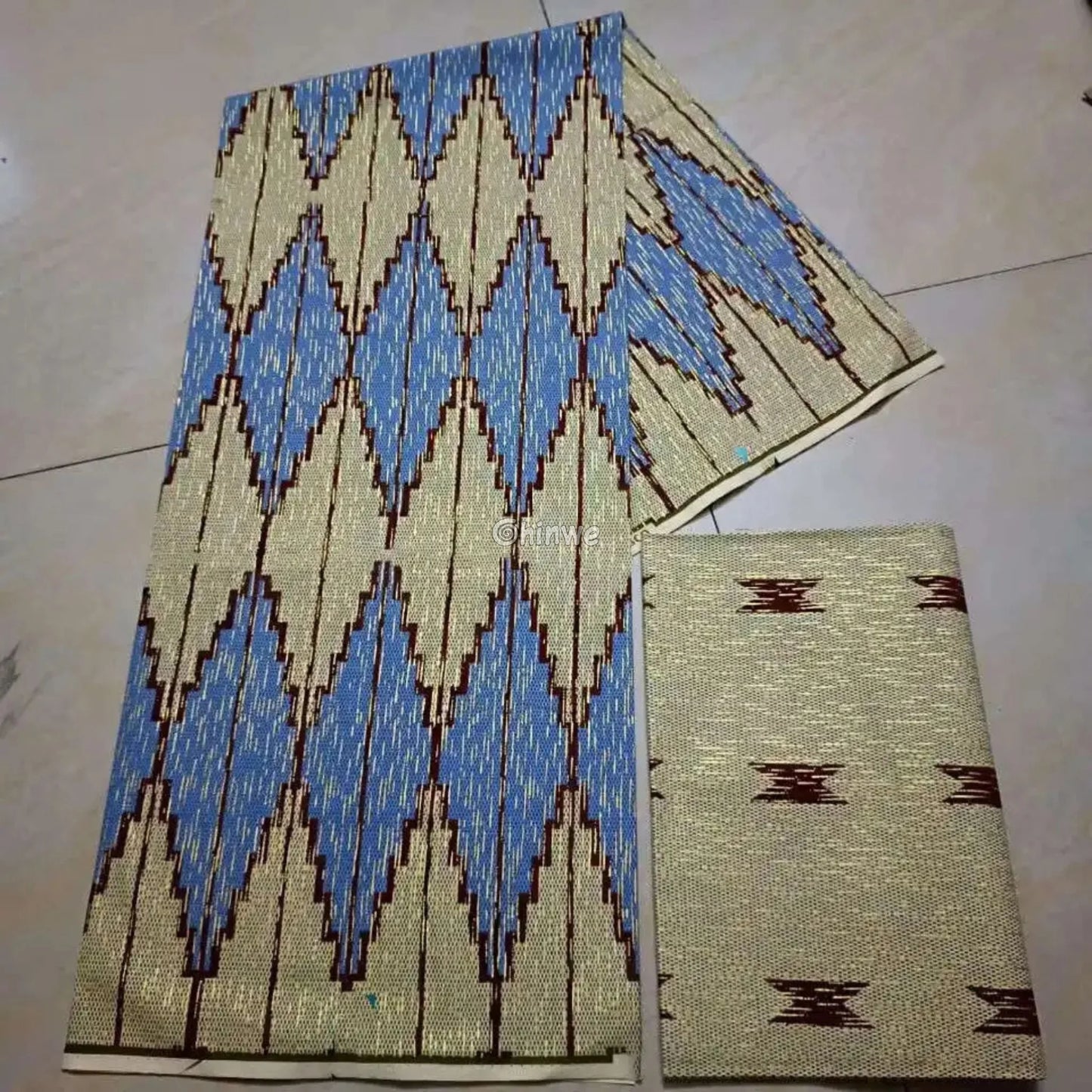 Cream Blue & Brown Kente Brocade with Vertical Flame Motif and Light Metallic Detailing Sahara Sky Kente / 6yards