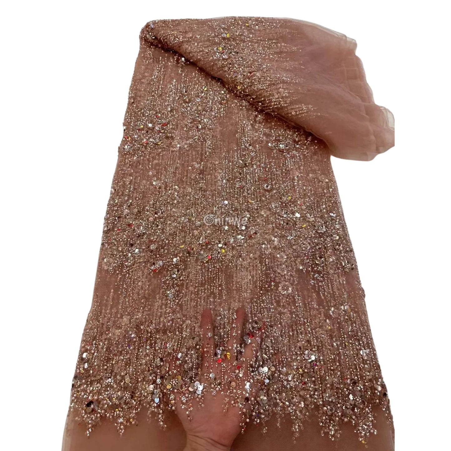 Sequin Beaded Tulle Mesh Fabric with Dripping Floral Shimmer & Textured Wave Pattern Dusty Rose Sequin / 5 Yards