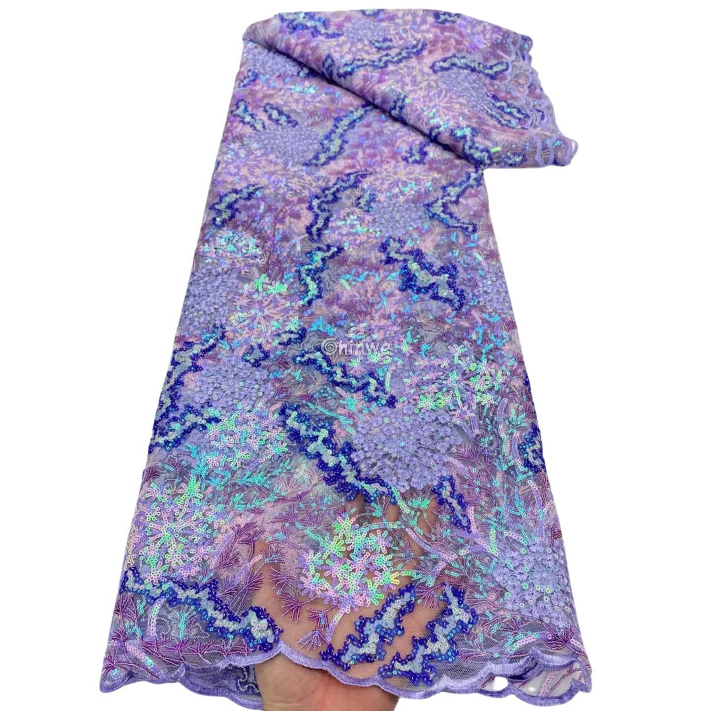 Lilac & Sky Blue Abstract Floral & Vine Sequin Lace Embroidery Mesh Print Fabric Lavender & Sky Blue Floral Sequin Lace