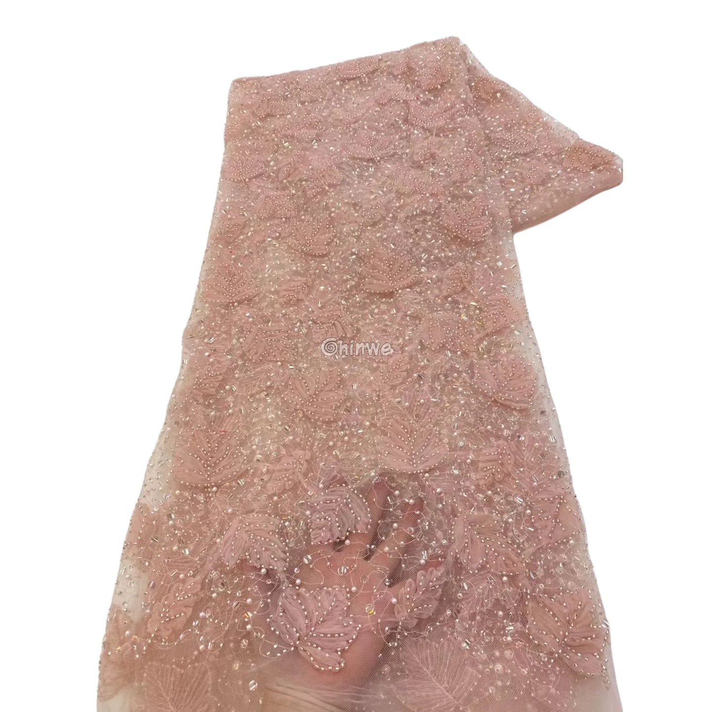 Beaded 3D Leaf Lace with Iridescent Accents on Soft Mesh for Luxury Garment Crafting Blush pink with crystal accents