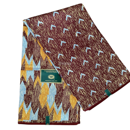 Brown Gold & Blue Kente Brocade with Flame Chevron Motif and Shimmering Metallic Detail Desert Ember Kente / 6yards