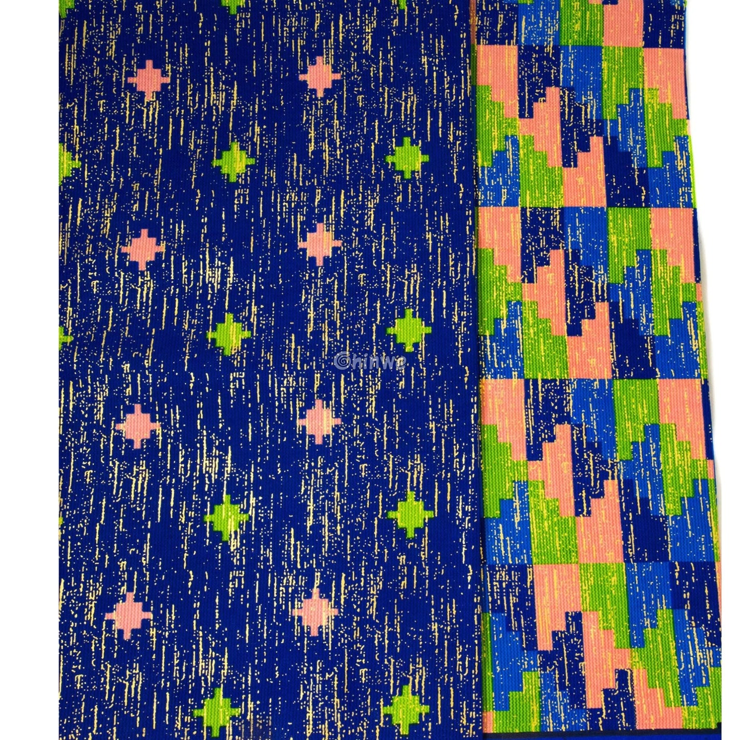 Blue Green & Pink Kente Brocade with Pixel Mosaic Triangles and Gold Metallic Accents Lagoon Mosaic Kente / 6yards