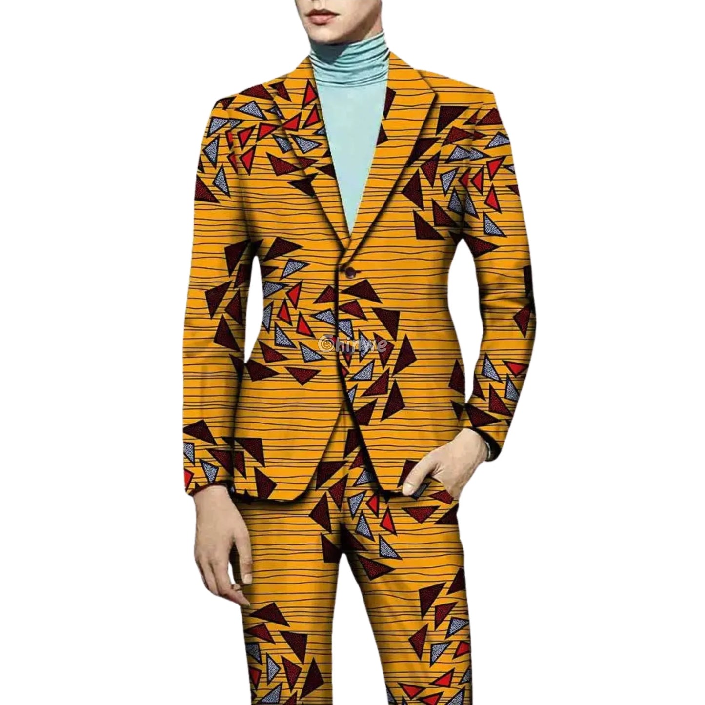 Two Piece Slim Fit African Wax Suit Custom Tailored Blazer & Trousers Set Men’s Clothing