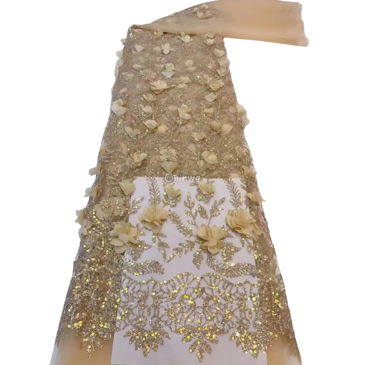 3D Appliqué Petal Lace with Sequined Vine Embroidery – Luxury Wedding & Party Fabric Olive Meadow Opera / 5yard Lace