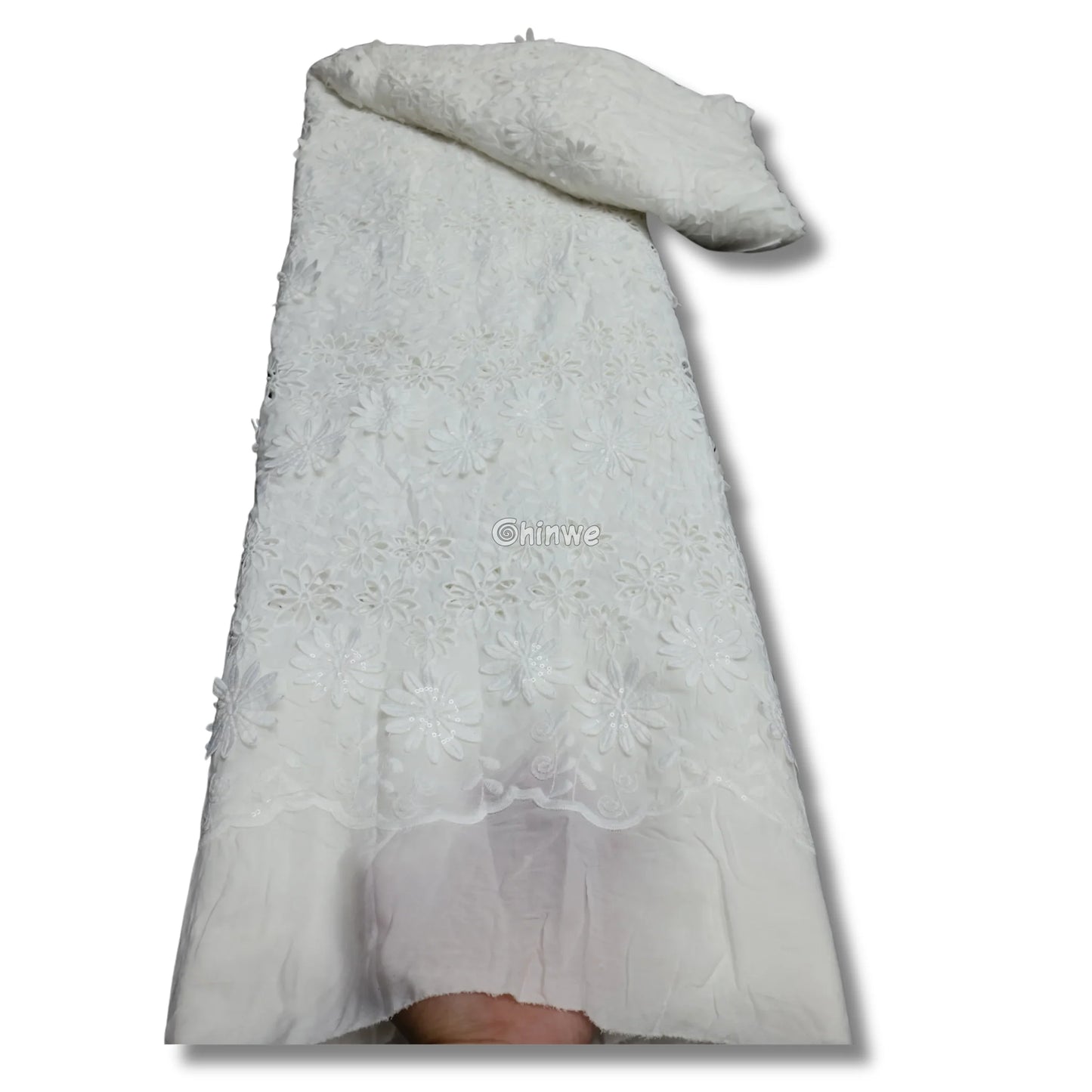 Three-Dimensional Floral Appliqué Embroidered Lace with Scalloped Edge & Sequin Accents Pure Ivory / 5 Yards / 120cm