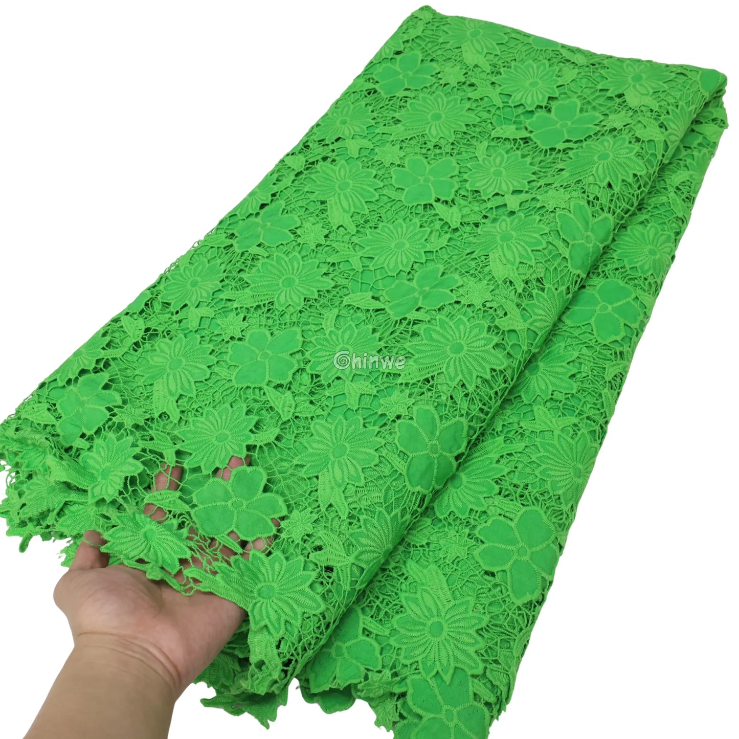 Guipure Lace Floral Appliqué Scalloped Edge with Sequined Accents & Sheer Mesh Ground Spring Green / 5 Yards / 120cm