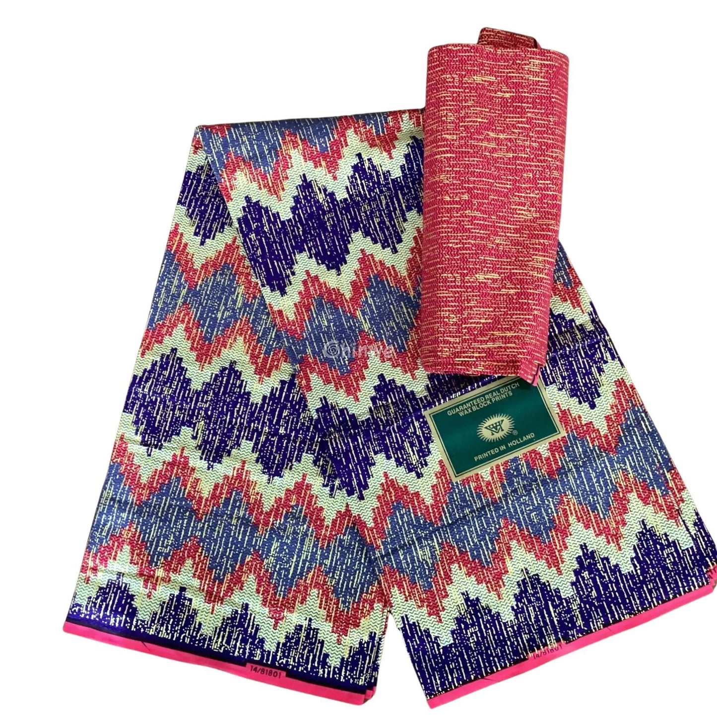 Red, Navy & Cream Kente Brocade with Chevron Stripe Motif and Gold Textured Detailing