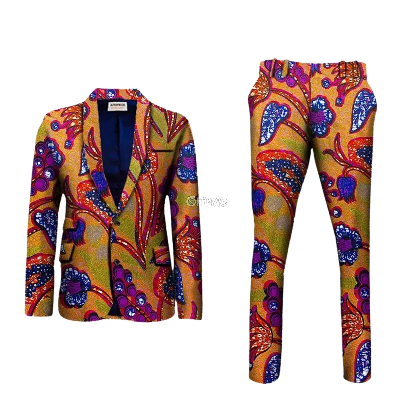 Two Piece Slim Fit African Wax Suit Custom Tailored Blazer & Trousers Set Men’s Clothing