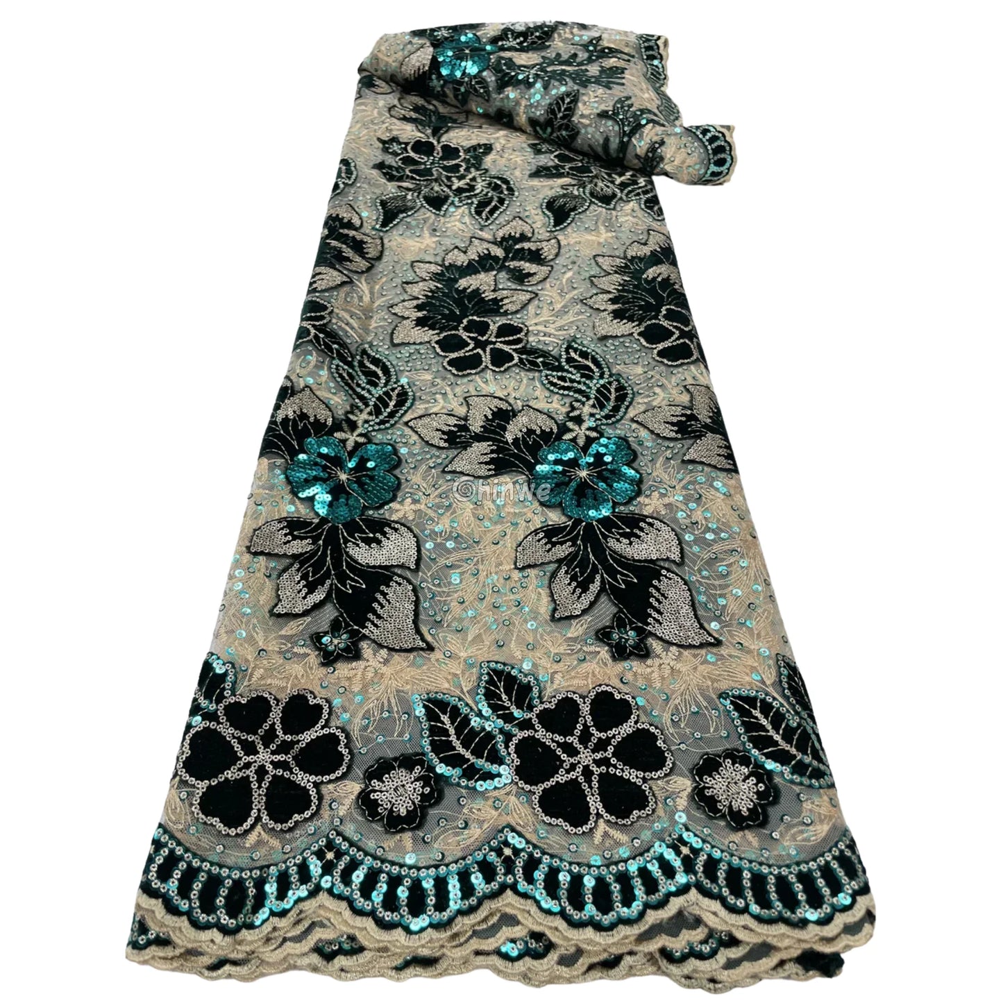 Champagne Mesh Floral Velvet Appliqué Sequined Lace Fabric with Scalloped Floral Edge