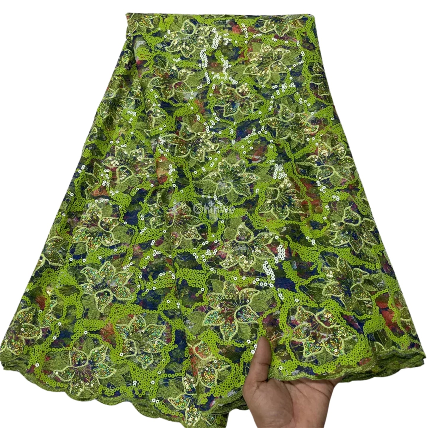French Tulle Lace Floral Vine Pattern with Sequins & Iridescent Sheen for Bold Tailoring & Crafts Lime Green & Rainbow