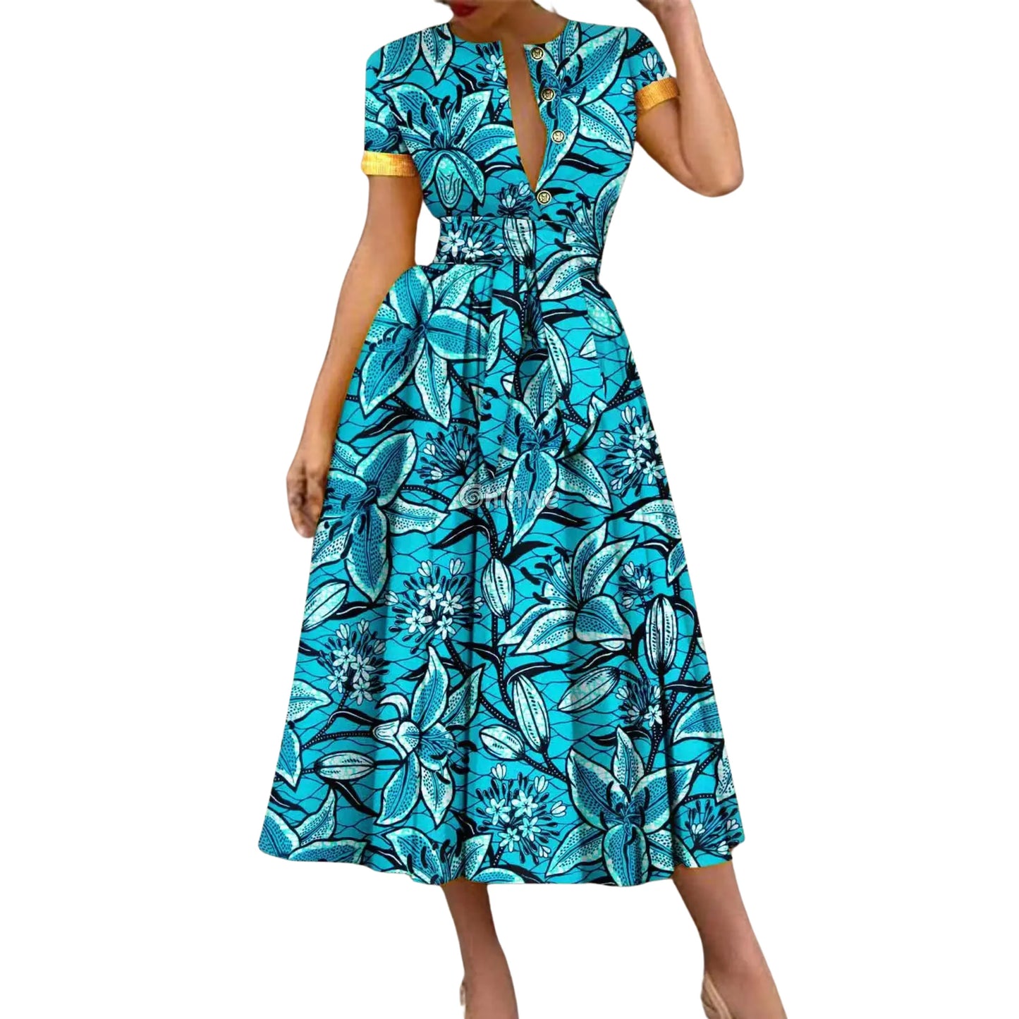 Ada Midi Belted Ankara Dress in Botanical Bloom Women’s Clothing