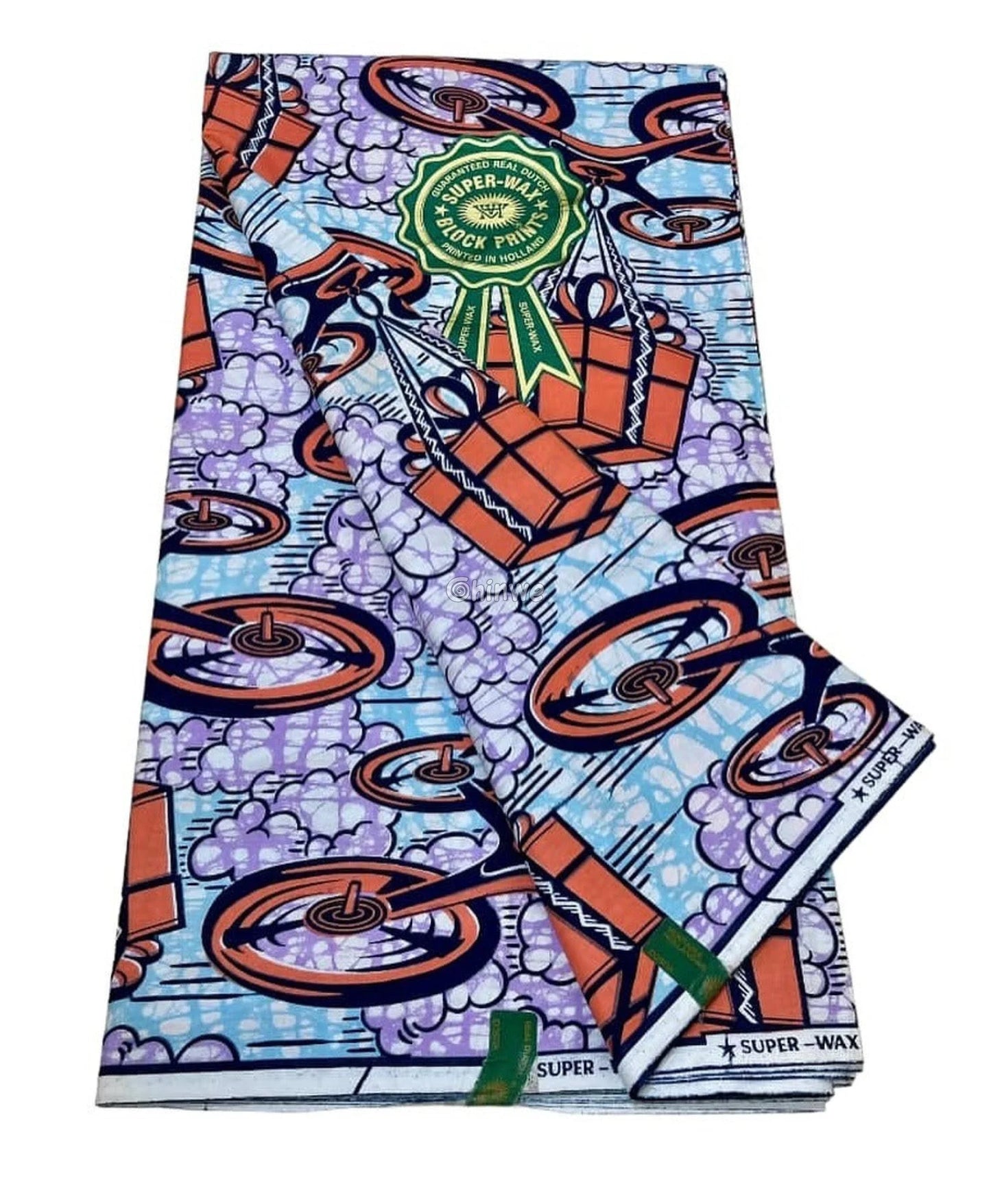 African Wax Print with Red Parcel Drones and Lilac Smoke on Sky Blue Batik Ground Tech-Inspired Motif Lavender Drone
