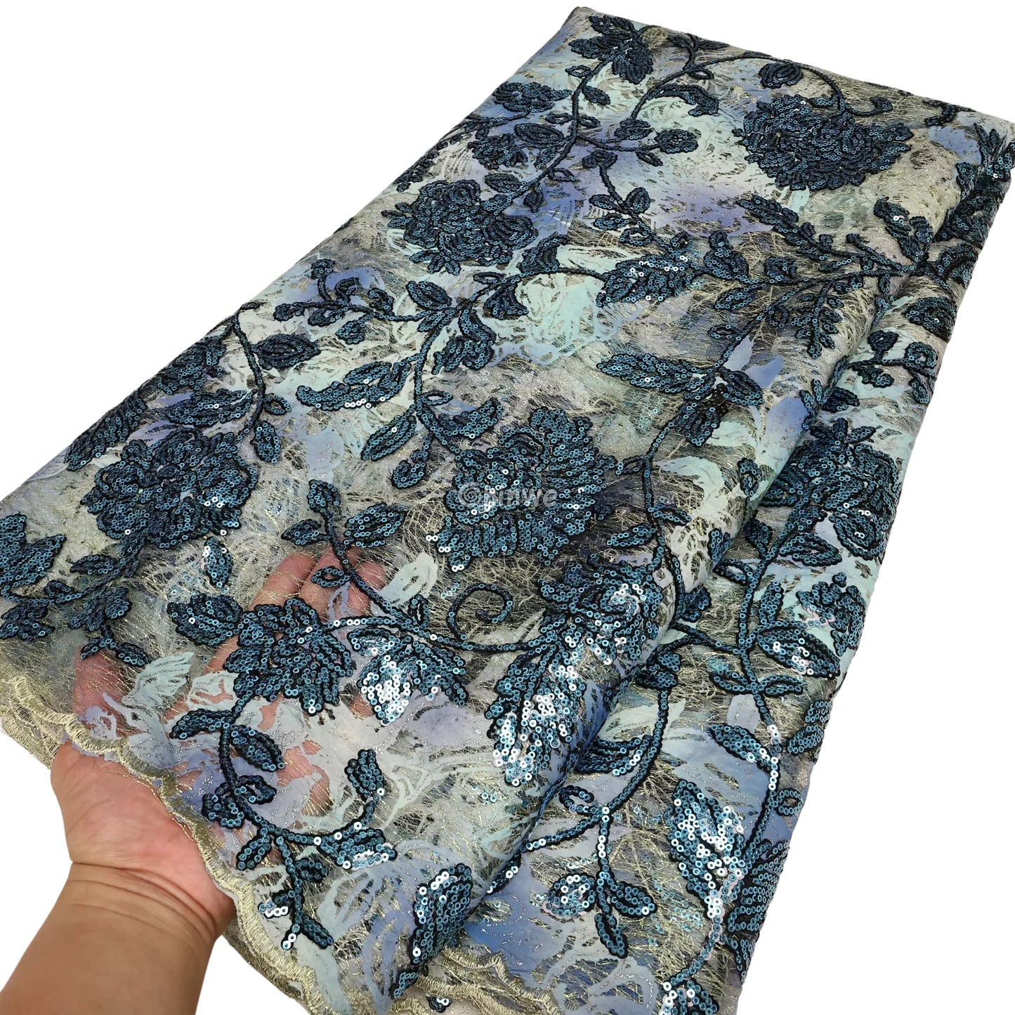 Sequined Floral Vine Embroidered Lace with Sheer Textured Base and Shimmer Finish Lace