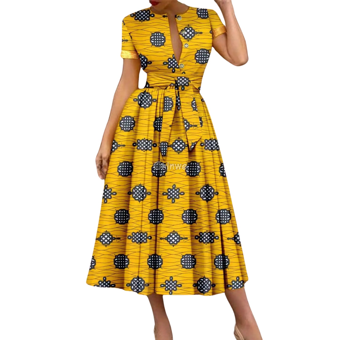 Ada Midi Belted Ankara Dress in Botanical Bloom Women’s Clothing