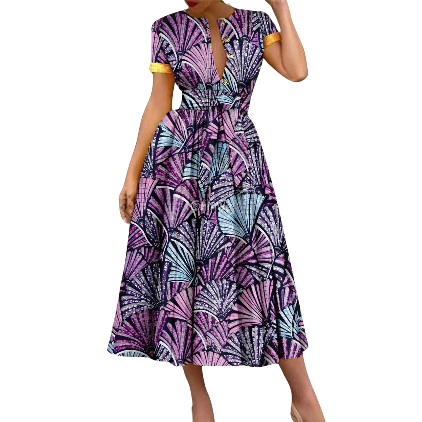 Ada Midi Belted Ankara Dress in Botanical Bloom Women’s Clothing