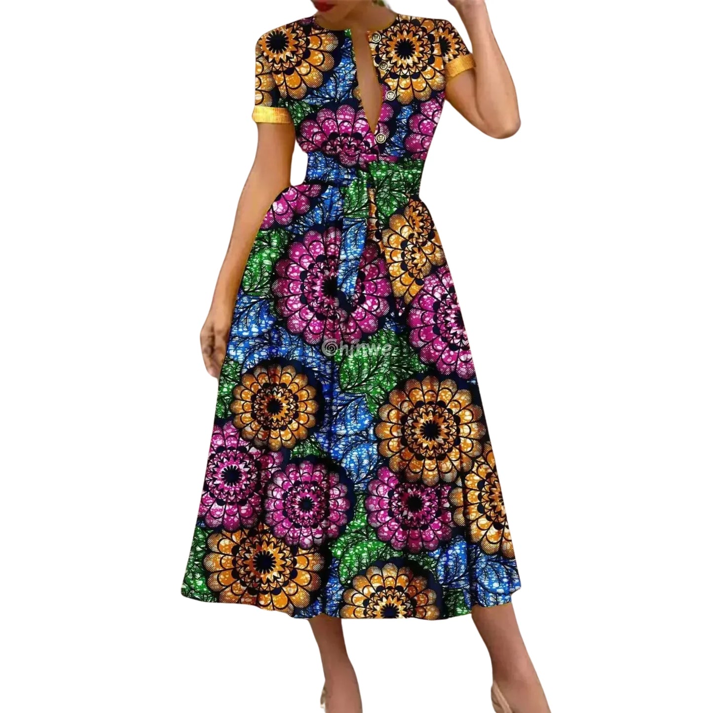 Ada Midi Belted Ankara Dress in Botanical Bloom Women’s Clothing