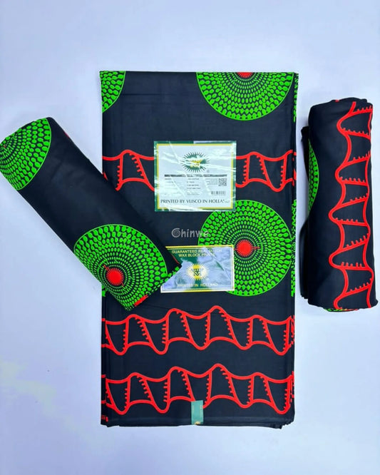 Black Ankara Fabric with Green Spiral and Red Wave Design 6 Yards African Wax Print Fabric