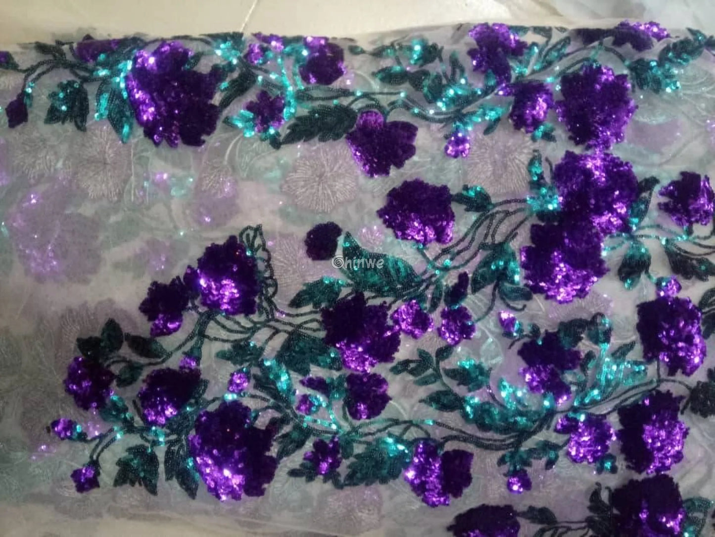 Emerald & Purple Sequin Floral Mesh Lace – 3D Garden Embroidered Tulle Fabric Teal & Violet Floral Sequin Embroidered