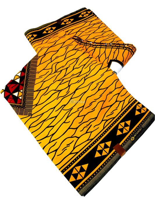 Black and Gold Ankara Wax Print Fabric with Wavy Line Field and Triangle Border Motif 6 yards cotton