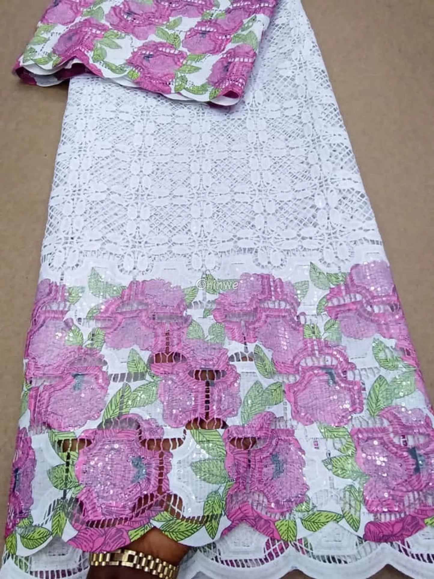 Sequin-Embroidered Mesh Lace with Geometric Grid Overlay & Scalloped Floral Border Fabric Lace