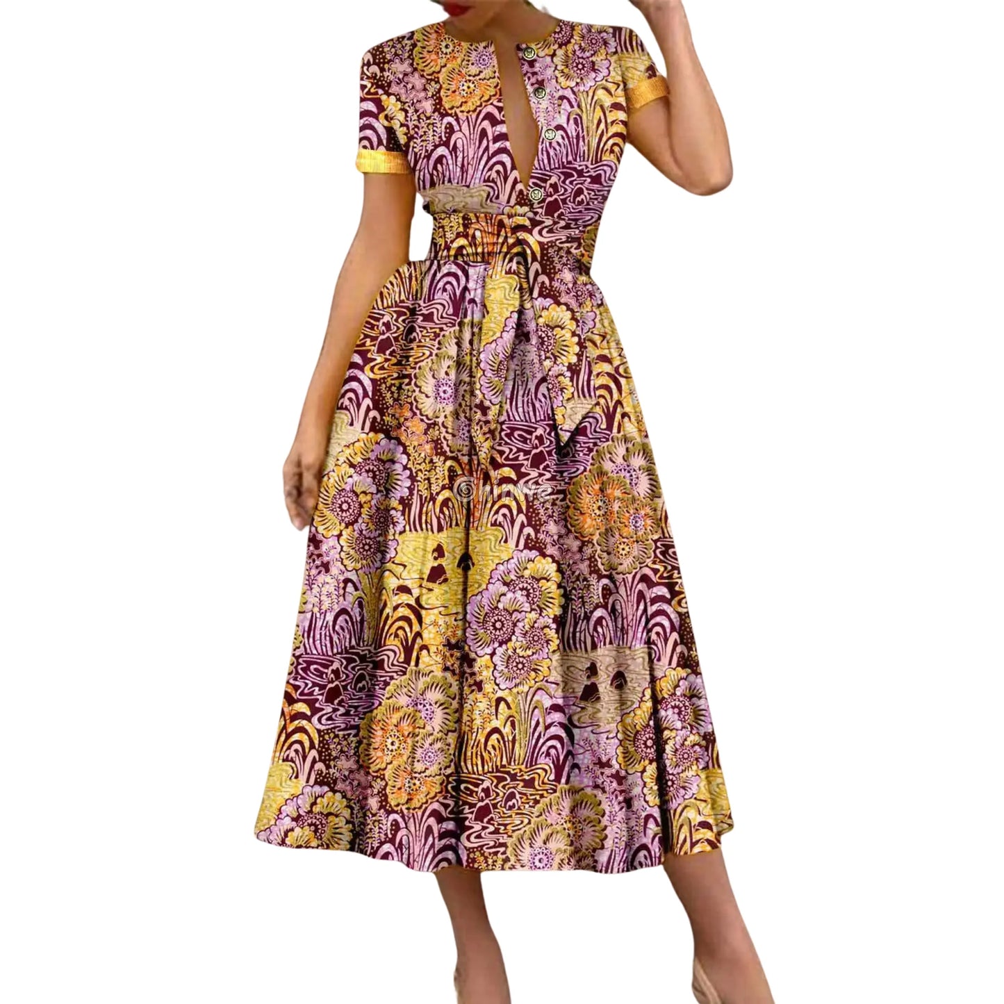 Ada Midi Belted Ankara Dress in Botanical Bloom Women’s Clothing